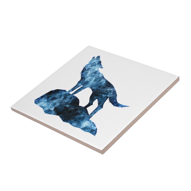 Howling Wolf blue sparkly smoke silhouette Ceramic Tile (Side)