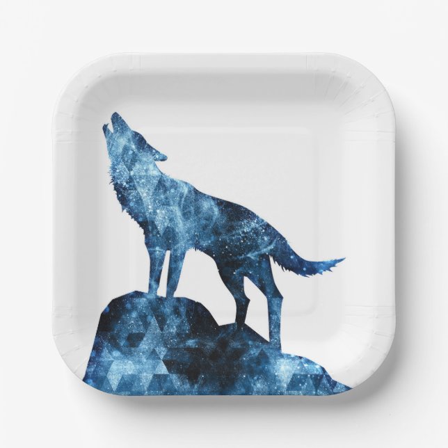 Howling Wolf blue sparkly smoke silhouette Paper Plate (Front)