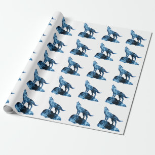Howling Wolf blue sparkly smoke silhouette Wrapping Paper