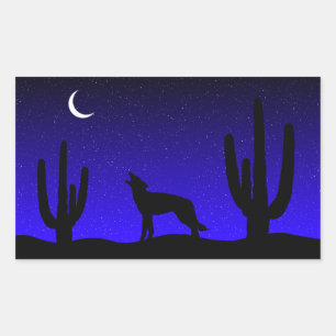Howling Wolf Desert Night Silhouette Rectangular Sticker