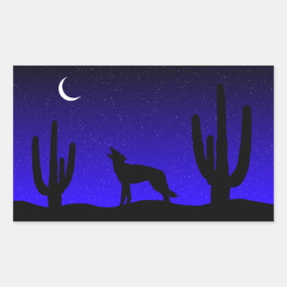 Howling Wolf Desert Night Silhouette Rectangular Sticker