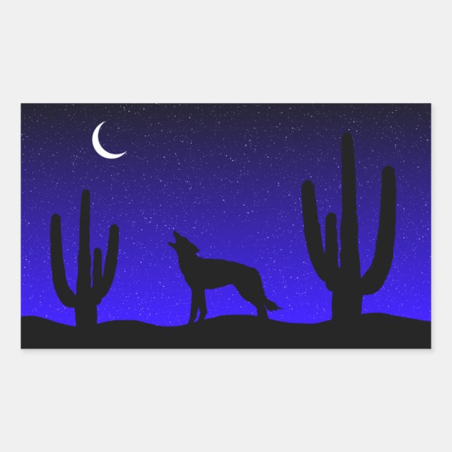 Howling Wolf Desert Night Silhouette Rectangular Sticker (Front)