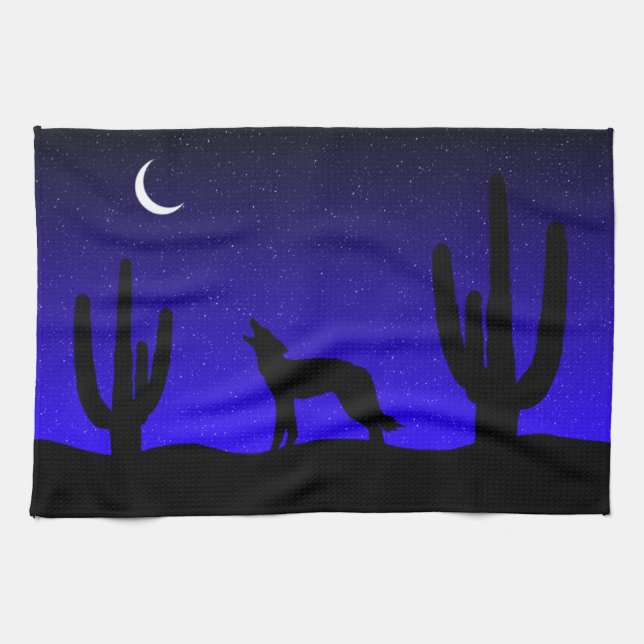 Howling Wolf Desert Night Silhouette Tea Towel (Horizontal)
