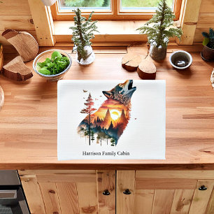 Howling wolf double exposure sunset personalised tea towel