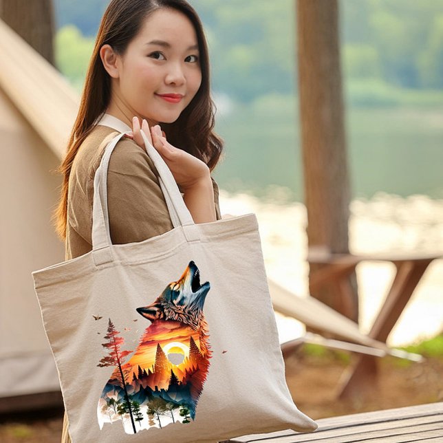 Howling wolf double exposure sunset tote bag (Creator Uploaded)