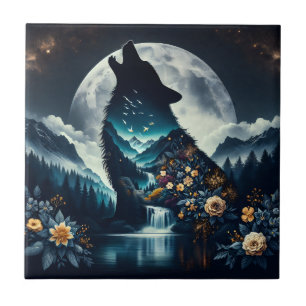 Howling Wolf Full Moon Ai Art Ceramic Tile