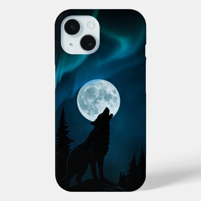 Howling Wolf Full Moon Aurora Phone Case (Back)