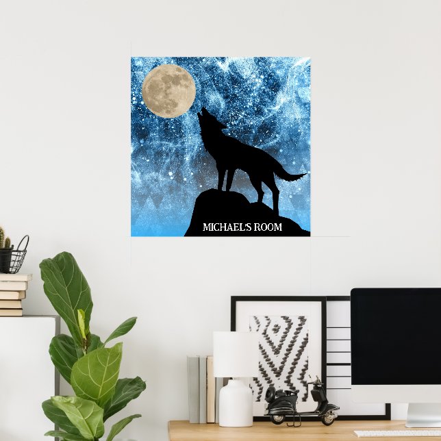 Howling Wolf full moon blue black Custom name Poster (Home Office)