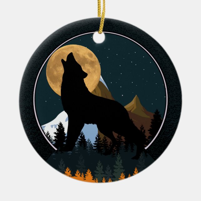 Howling Wolf Full Moon Ceramic Ornament (Front)