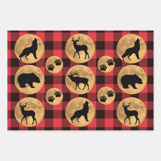 Howling Wolf Full Moon Deer Elk Bear  Wrapping Paper Sheet (Front 3)