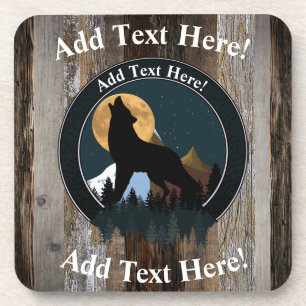 Howling Wolf Full Moon Vintage Wood Rustic Wood Coaster