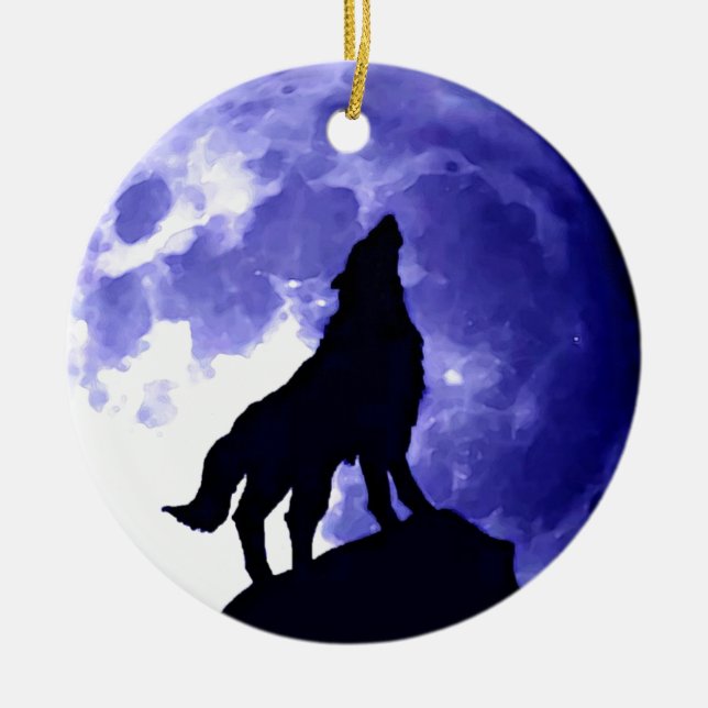 Howling Wolf & Fullmoon Ceramic Tree Decoration (Front)