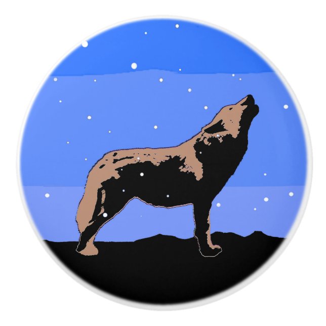 Howling Wolf in Winter  - Original Wildlife Art Ceramic Knob (Front)