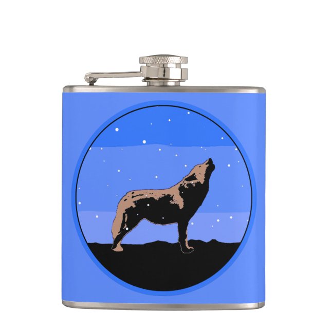 Howling Wolf in Winter  - Original Wildlife Art Hip Flask (Front)