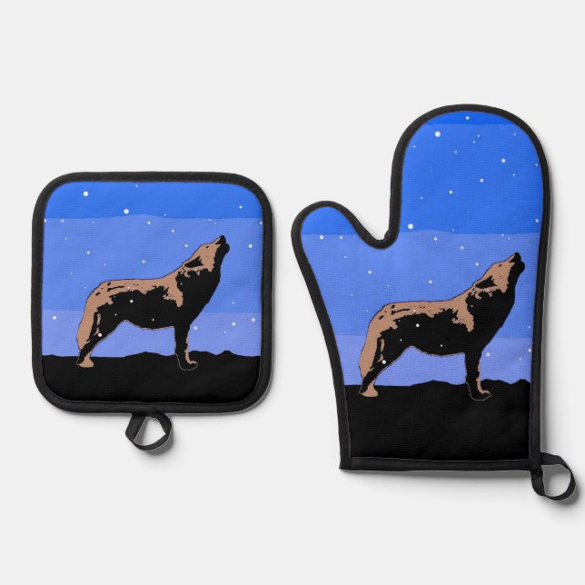 Howling Wolf in Winter  - Original Wildlife Art Oven Mitt & Pot Holder Set (Front)