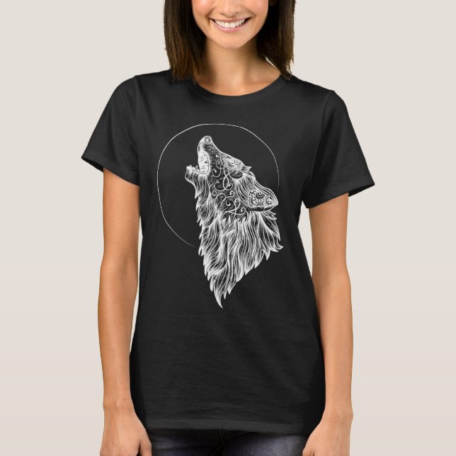 Howling Wolf Moon Mandala Occult Wolf T-Shirt (Front)