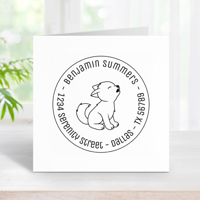 Howling Wolf Pup Round Address Rubber Stamp (Creator Uploaded)