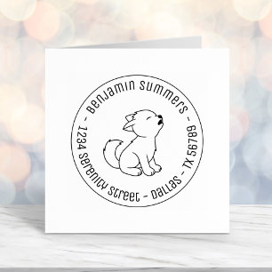 Howling Wolf Pup Round Address Self-inking Stamp