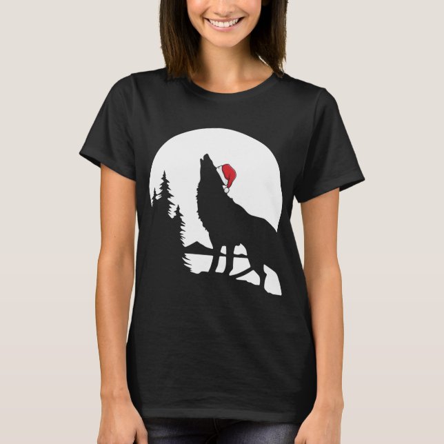 Howling Wolf Santa Hat Christmas Pajama Cool Moon  T-Shirt (Front)