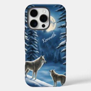 Howling Wolf Silhouette against Moon iPhone 16 Pro Case