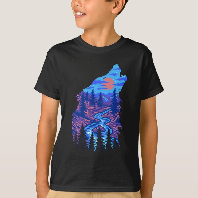 Howling Wolf Silhouette Forest River Landscape T-Shirt (Front)