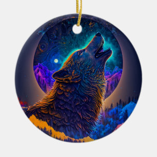 Howling Wolf Surreal Fantasy Ceramic Ornament