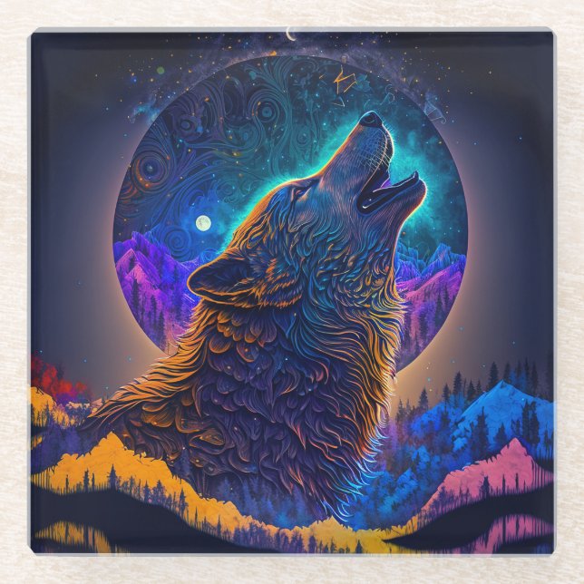 Howling Wolf Surreal Fantasy Glass Coaster (Front)