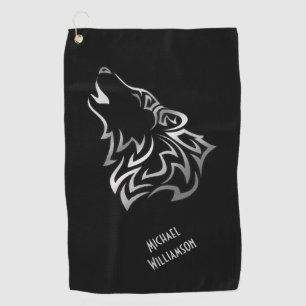 Howling Wolf Tribal Black and Silver Monogram Golf Towel