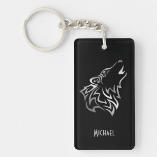 Howling Wolf Tribal Silver Black Monogram Vector Key Ring