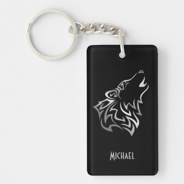 Howling Wolf Tribal Silver Black Monogram Vector Key Ring (Front)