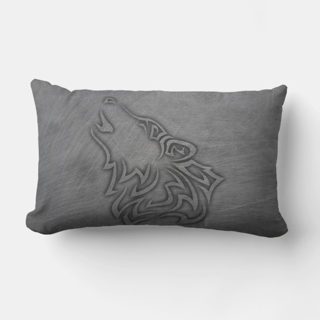 Howling Wolf Tribal Steel Lumbar Cushion (Front)
