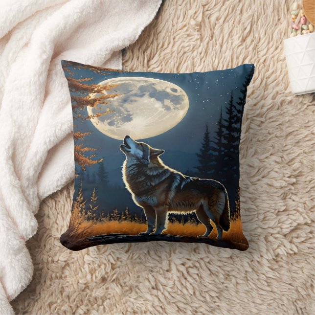 Howling Wolf Under a Full Moon at Night Cushion (Blanket)