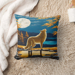 Howling Wolf Under a Full Moon. Cushion
