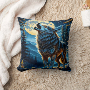 Howling Wolf Under Full Moon. Cushion