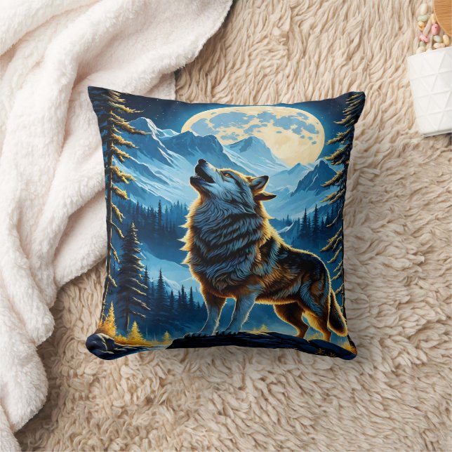 Howling Wolf Under Full Moon in Mountain Landscape Cushion (Blanket)