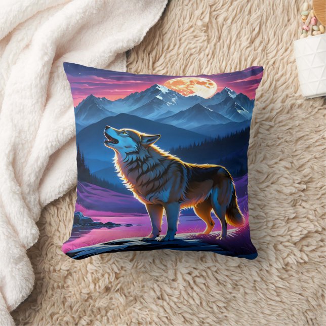 Howling Wolf Under Full Moon Over Mountains Cushion (Blanket)