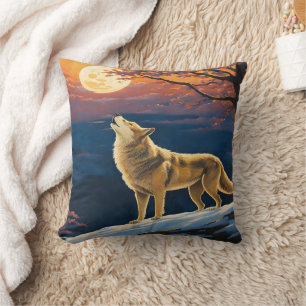 Howling Wolf Under Moonlit Sky at Dusk Cushion