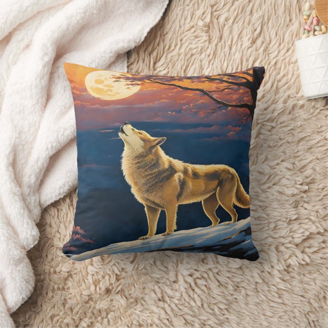 Howling Wolf Under Moonlit Sky at Dusk Cushion (Blanket)