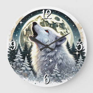 Howling Wolf Under the Full Moon Large Clock
