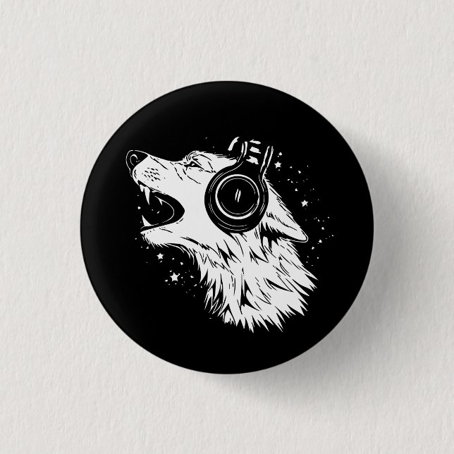 howling wolf wearing headphones 3 cm round badge (Front)