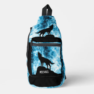 Howling Wolf Winter snowy blue black Custom name Sling Bag