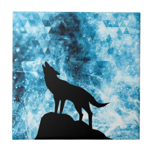 Howling Wolf Winter snowy blue smoke Abstract Ceramic Tile