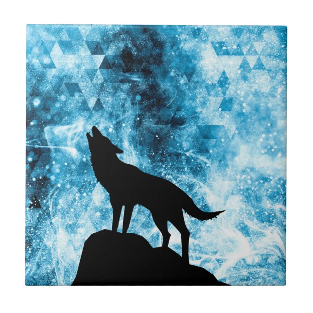 Howling Wolf Winter snowy blue smoke Abstract Ceramic Tile (Front)
