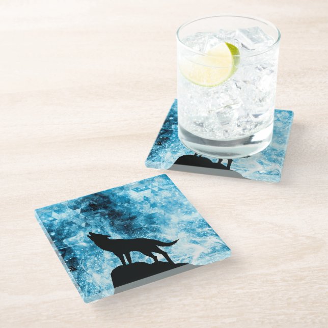 Howling Wolf Winter snowy blue smoke Abstract Glass Coaster (Angled)