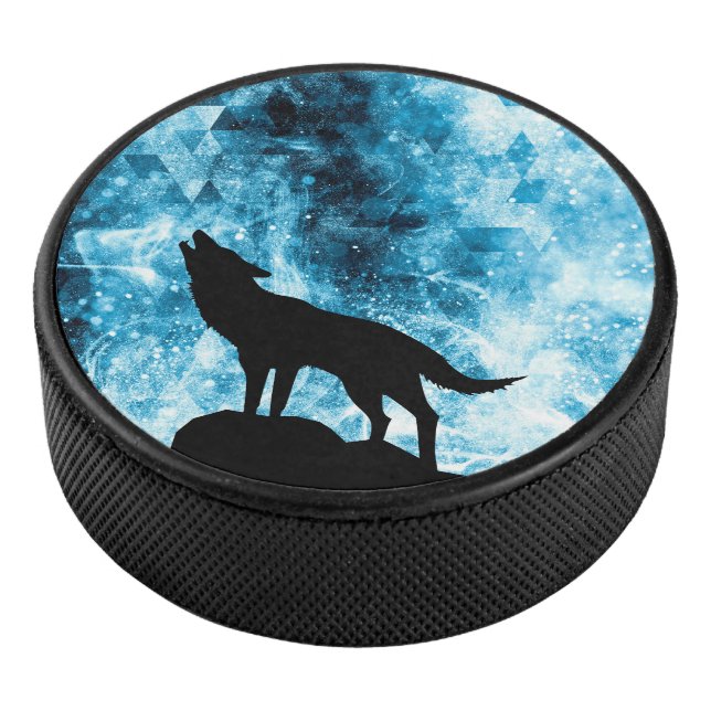 Howling Wolf Winter snowy blue smoke Abstract Hockey Puck (3/4)