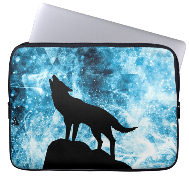 Howling Wolf Winter snowy blue smoke Abstract Laptop Sleeve (Front)