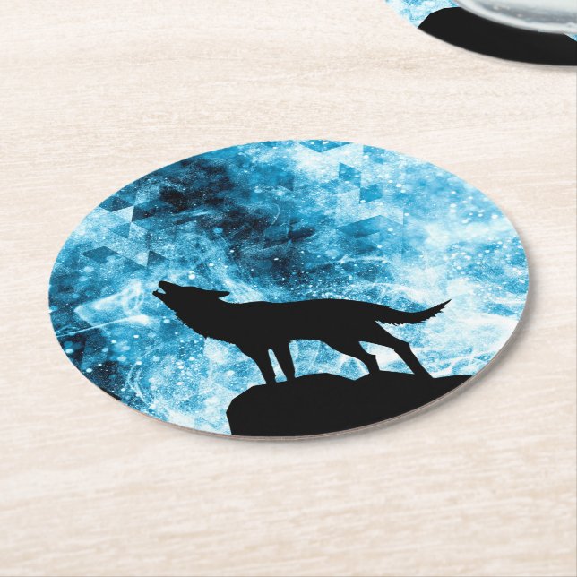 Howling Wolf Winter snowy blue smoke Abstract Round Paper Coaster (Angled)