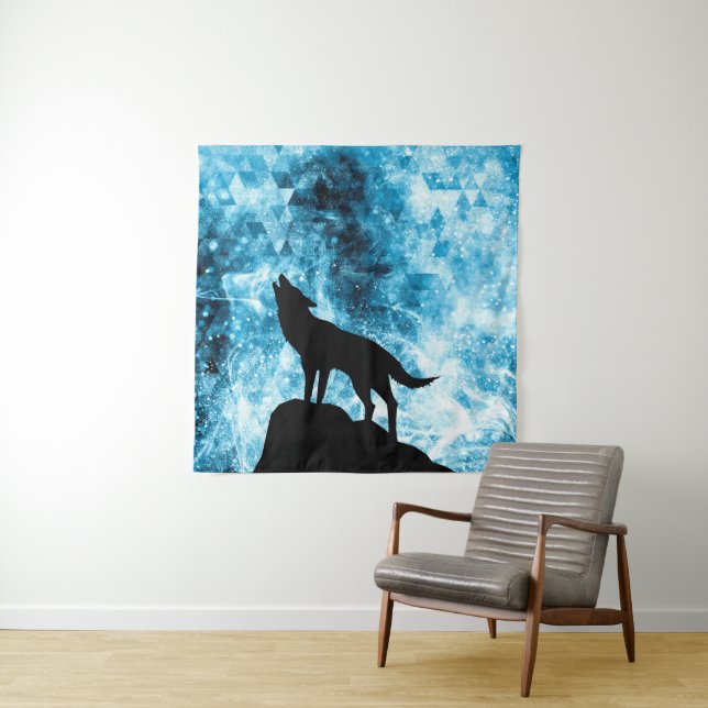 Howling Wolf Winter snowy blue smoke Abstract Tapestry (In Situ)