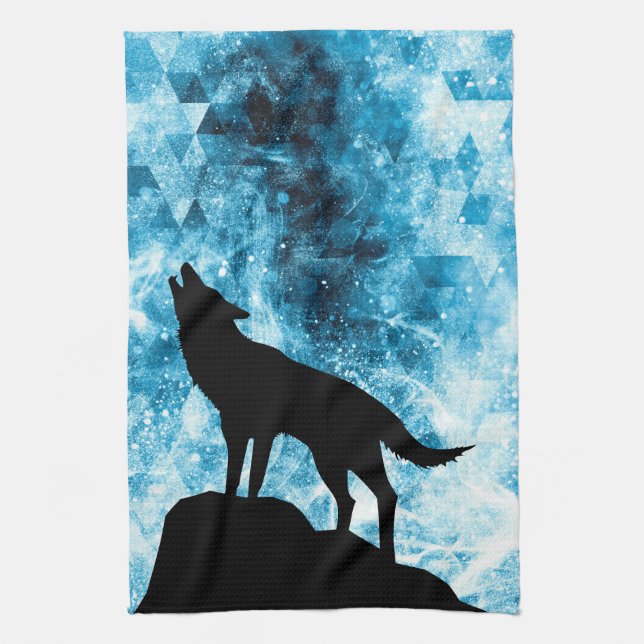 Howling Wolf Winter snowy blue smoke Abstract Tea Towel (Vertical)