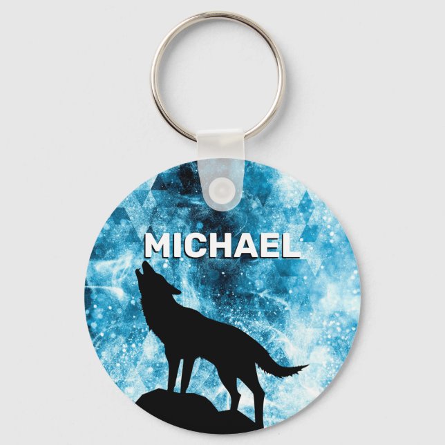 Howling Wolf Winter snowy blue smoke Custom Name Key Ring (Front)